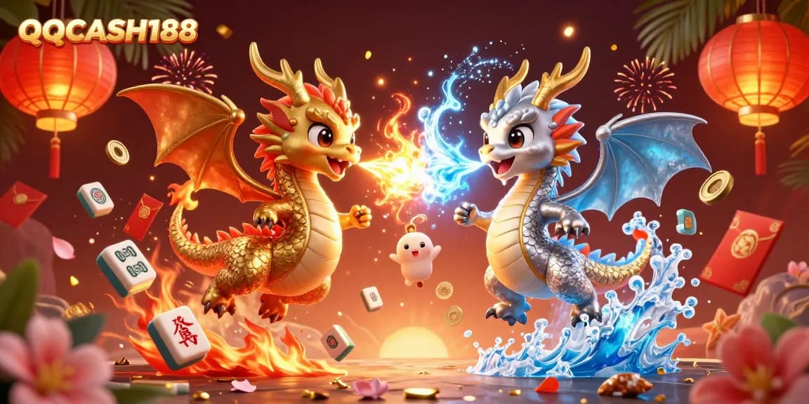 Engage with QQCASH188's vibrant 3D illustration showcasing animated dragons and dynamic casino elements.