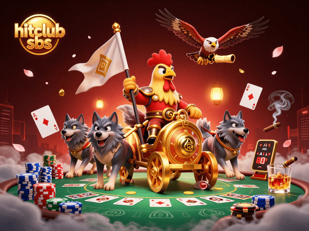 Immerse in hitclub sbs action with a rooster warlord leading a vibrant poker scene filled with chips and cards.
