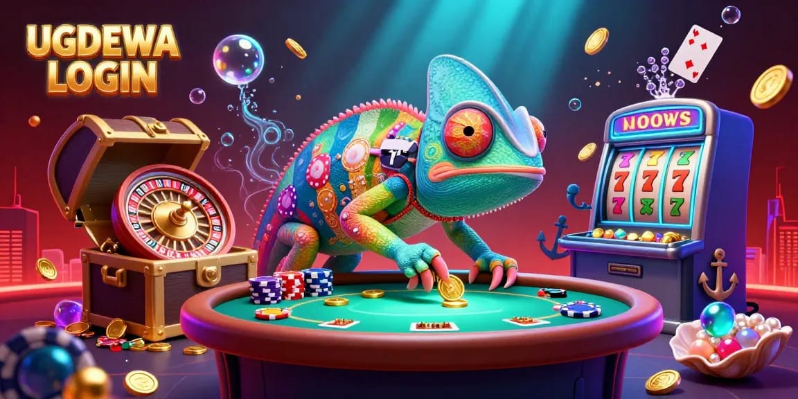 Engage with the thrilling world of UGDEWA LOGIN as a chameleon casino owner snatches gold coins amidst vibrant slot machines.