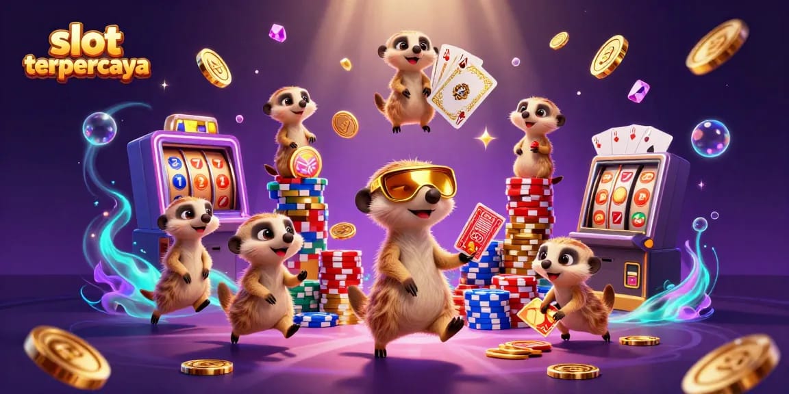 Engage in the thrill of slot terpercaya with a lively meerkat casino scene filled with golden coins and spinning reels.