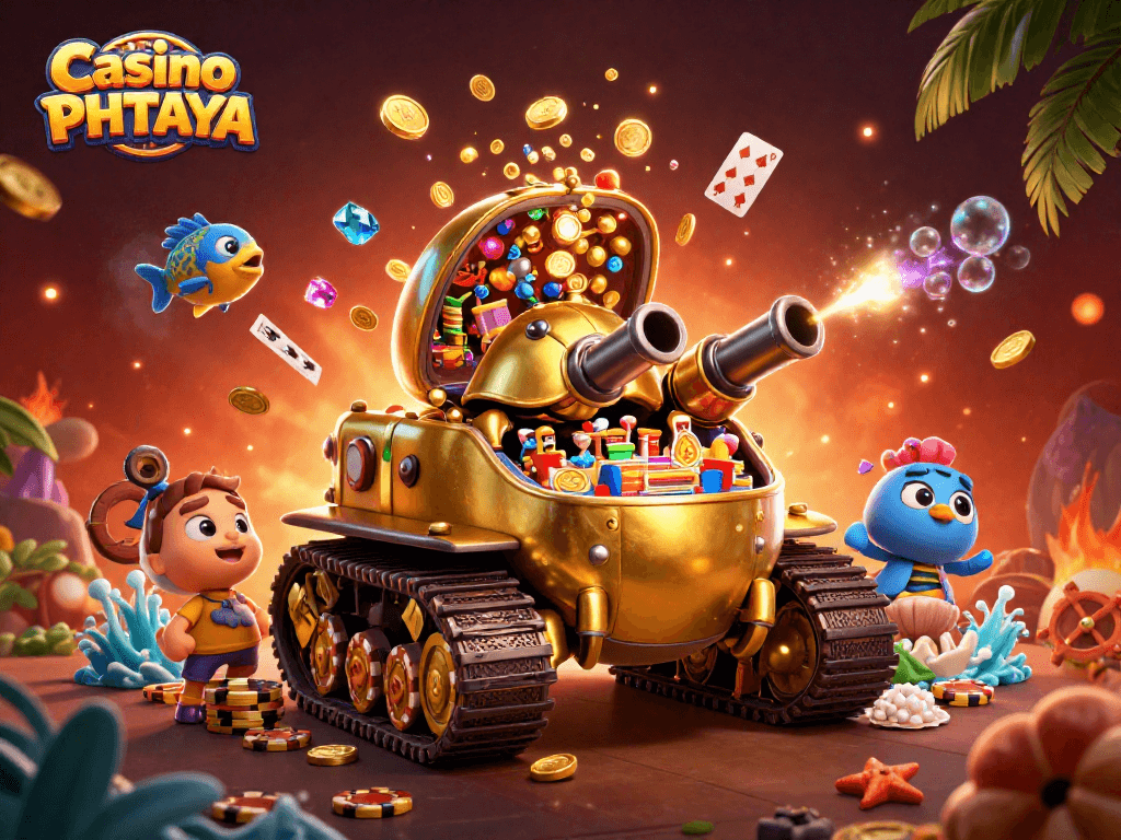 Casino PHTAYA showcases a vivid 3D scene of a golden beetle tank with a miniature casino, perfect for immersive gaming.