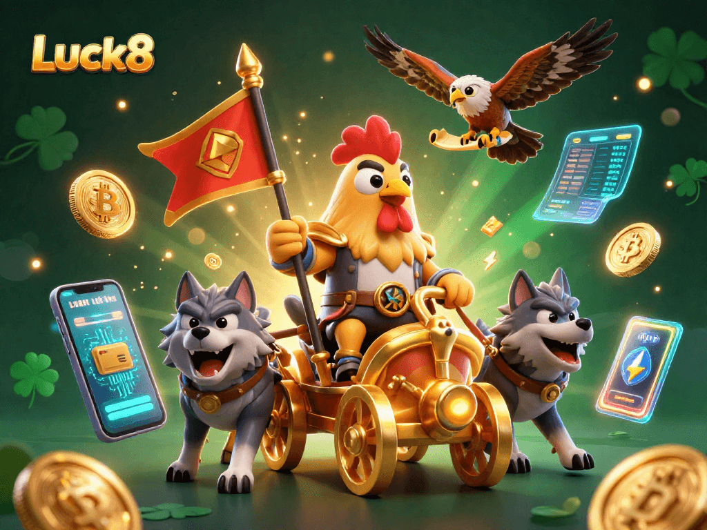 Experience thrilling gaming adventures at Luck8 Casino with vibrant 3D illustration depicting excitement and victories.