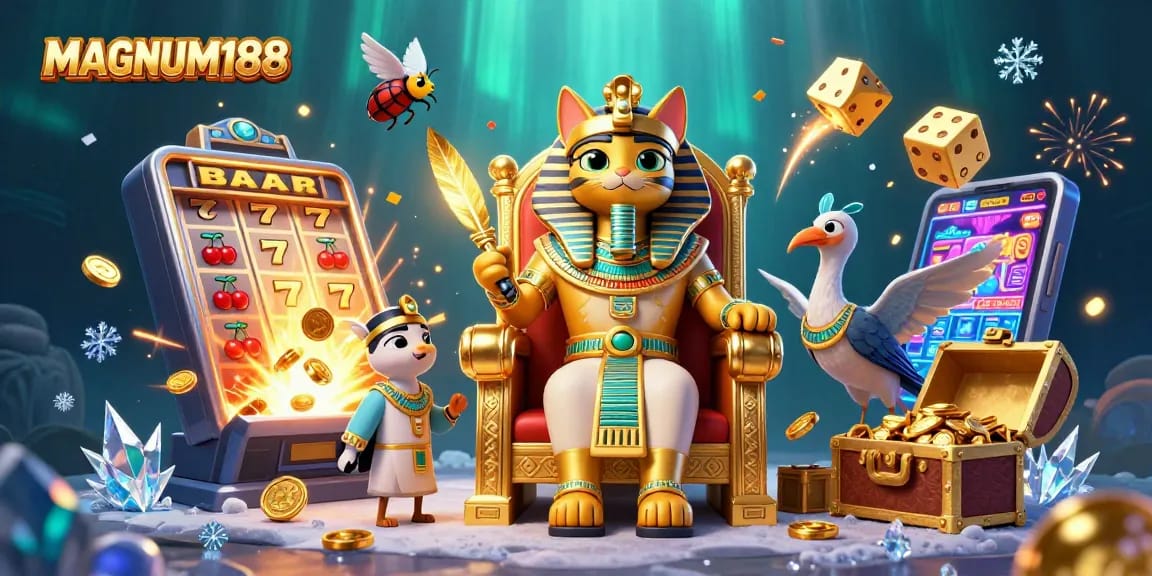 Play with MAGNUM188 for rewarding jackpots surrounded by vibrant casino symbols and characters.