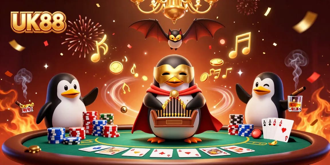 Engage with UK88's vibrant gaming scene featuring a cartoon penguin and poker elements in a dynamic illustration.
