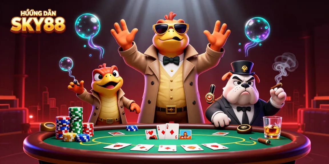 Engage with HƯỚNG DẪN SKY88 as raptors sneak into a casino VIP lounge amidst poker excitement.