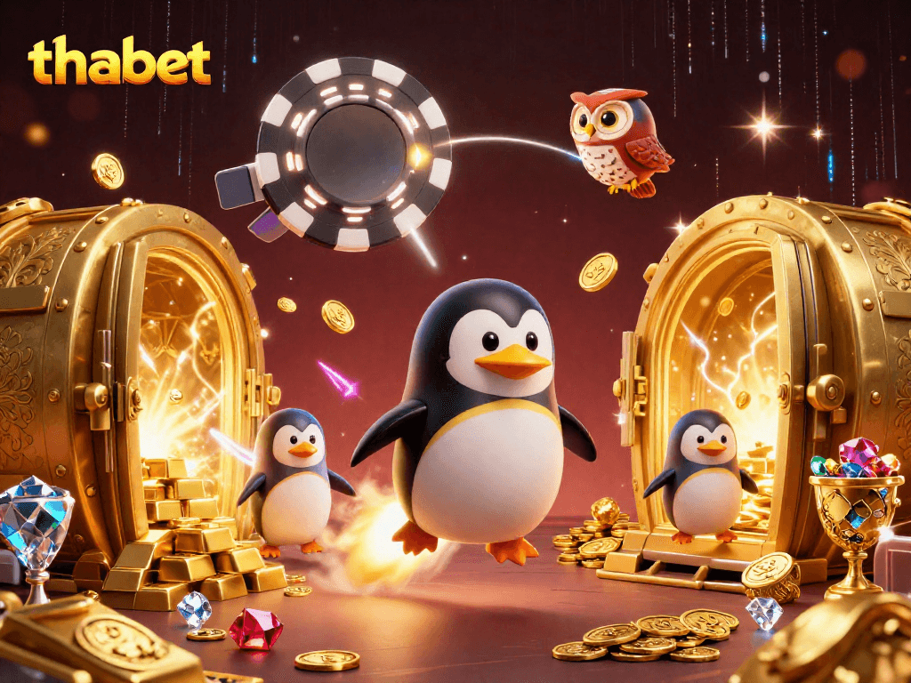 Experience thabet's thrills with 3D penguin racing towards a golden casino space station, surrounded by treasure.