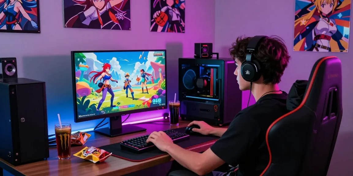 Immersive ecchi simulator gaming experience with vibrant animated characters and modern gaming setup.