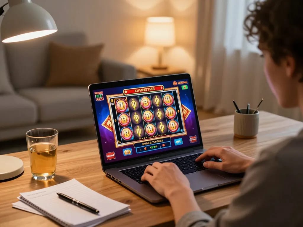 Player enjoying OKFUN online slots with vibrant graphics at home, emphasizing safe and responsible gambling.