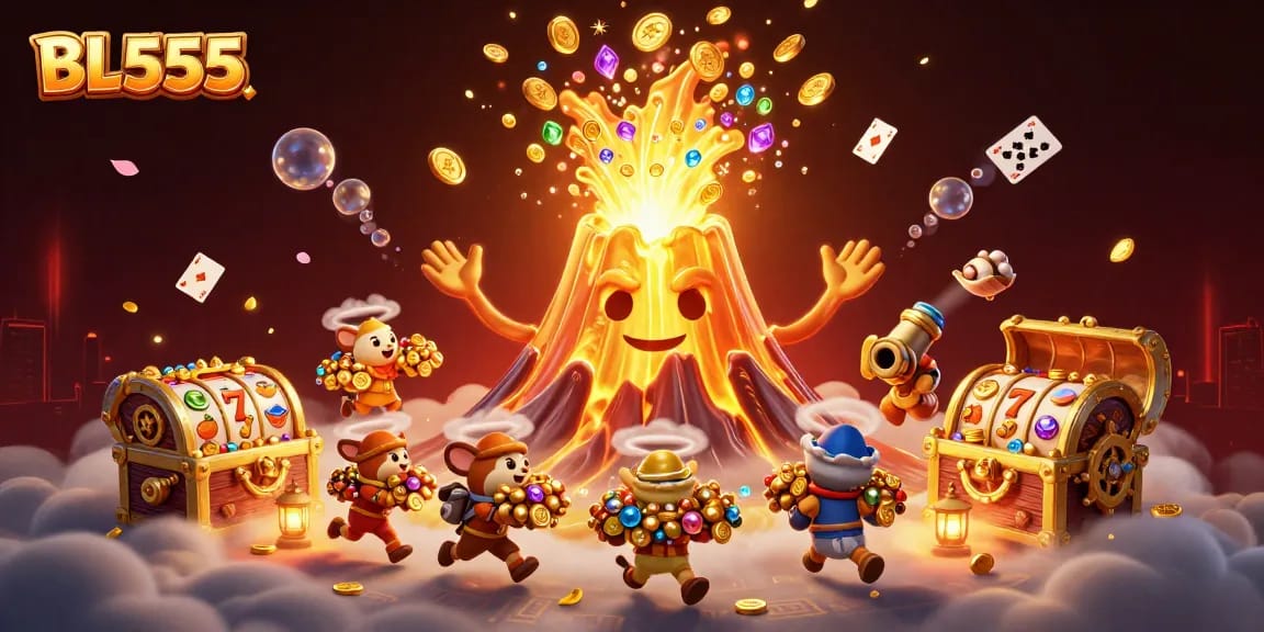 Engage with BL555's 3D casino scene showcasing a golden volcano eruption, treasure, and dynamic gaming elements.