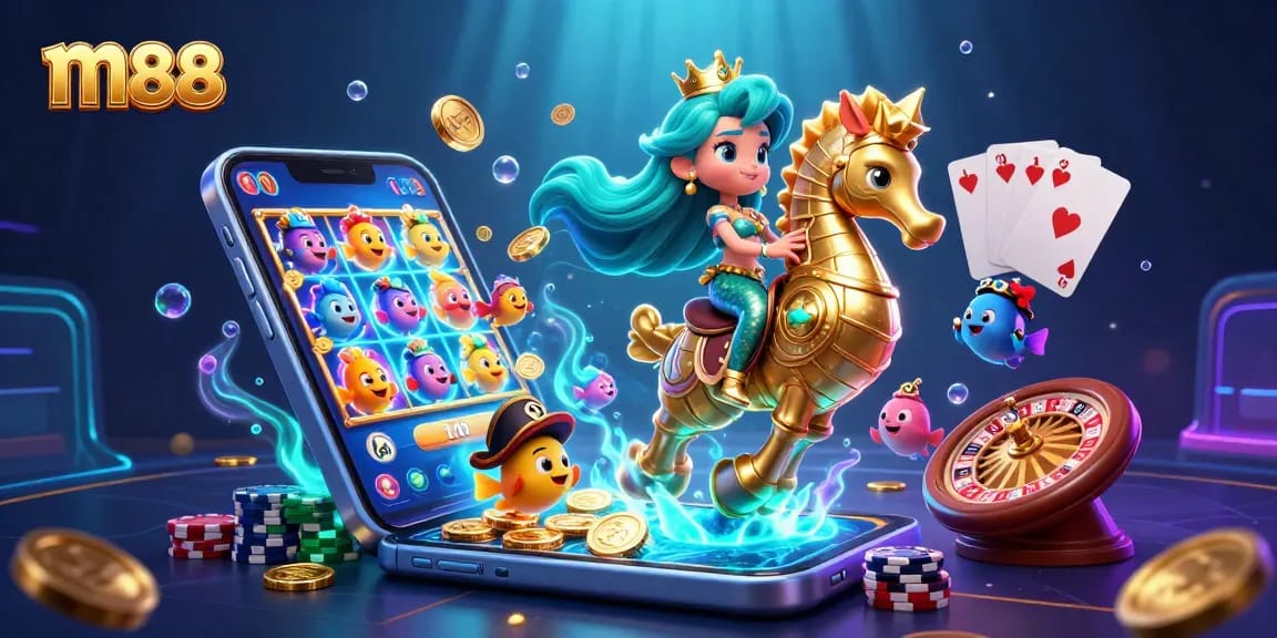 Engage in thrilling m88 casino action with a vibrant 3D illustration featuring a mermaid princess and gaming elements.