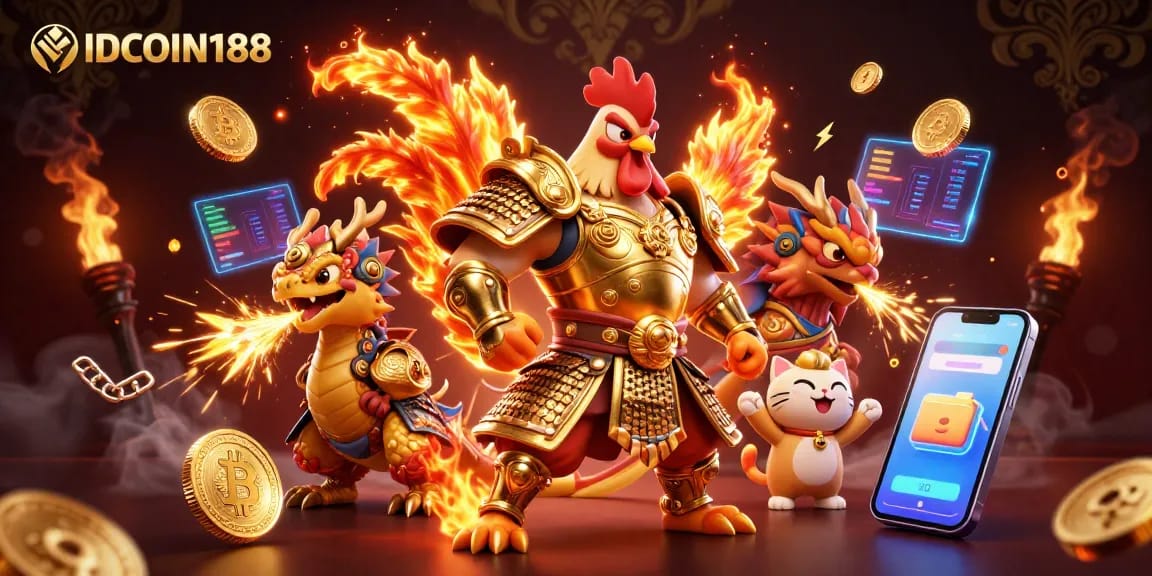 Experience the excitement of IDCOIN188 with a 3D gambling scene featuring dynamic characters and crypto-themed elements.