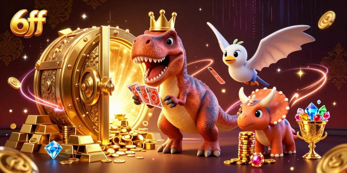 Engage with 6ff's thrilling casino scene featuring playful characters and dazzling treasures.
