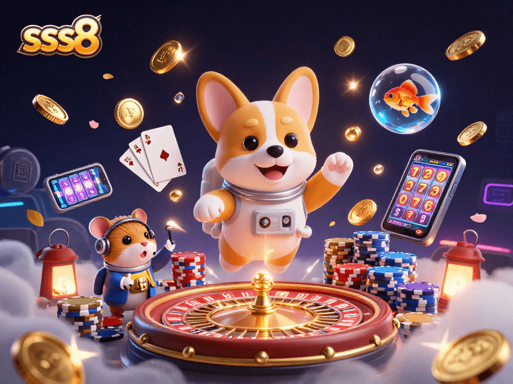 Engage in thrilling fun with sss8 as a cartoon astronaut corgi floats amidst casino excitement.