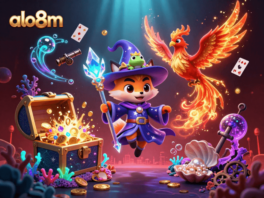 Engage with the alo8m world, featuring a mystical fox wizard and phoenix in a vibrant casino scene full of treasures.