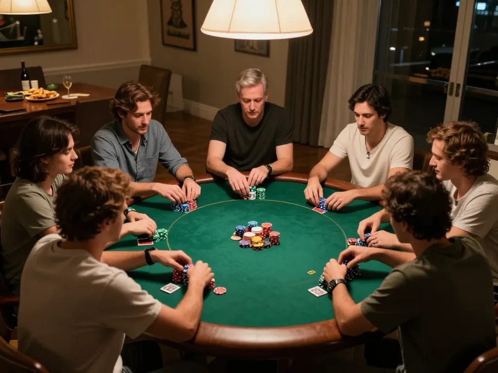 Sunwin players engaged in a competitive home poker night, showcasing strategic gameplay.