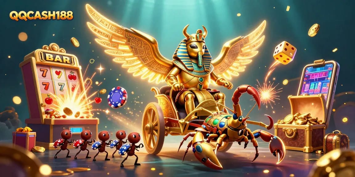 Engage with QQCASH188 and experience vibrant visuals of a colossal scarab beetle in a dynamic casino scene.