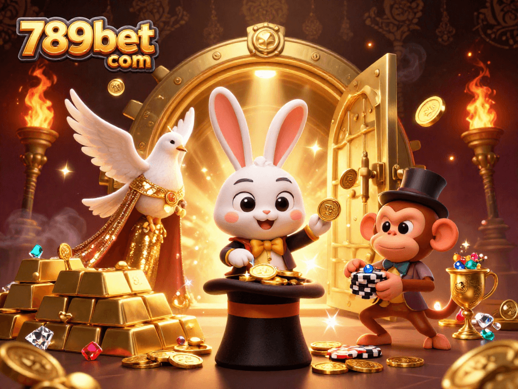 Engage with winnings at 789bet com, featuring magician rabbit and gold coins in a vibrant casino illustration.