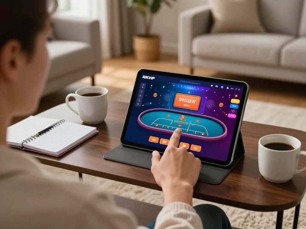 Player engaging with RIKVIP online casino on tablet, showcasing immersive games and cozy atmosphere.
