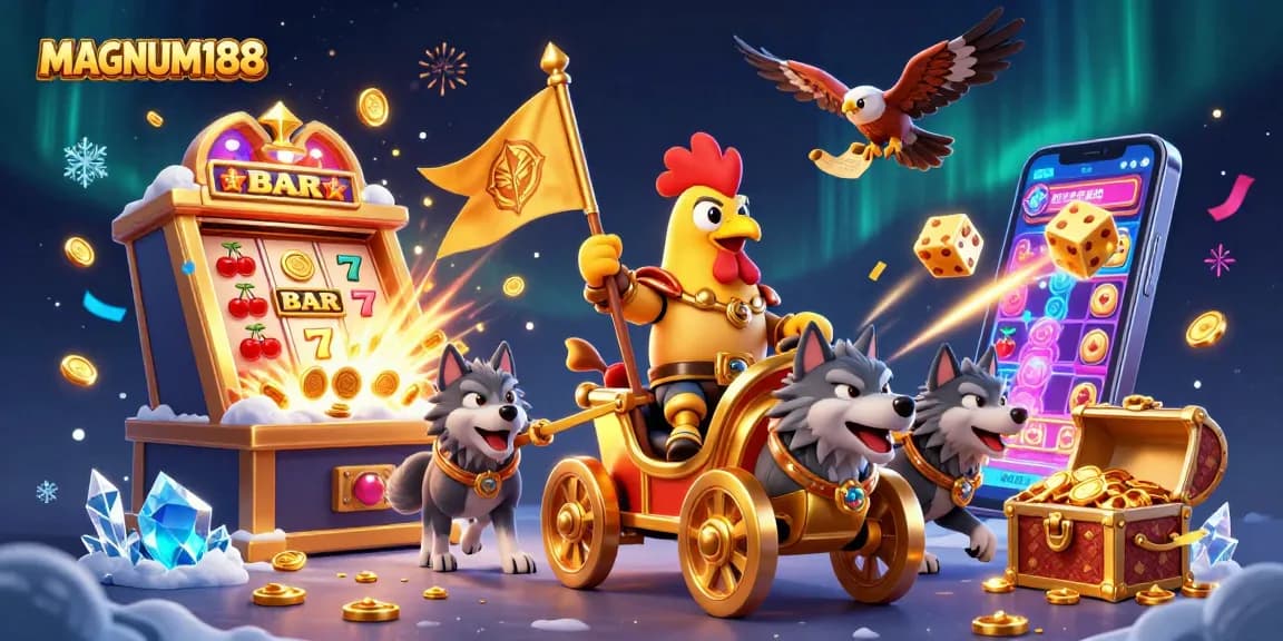 Experience fortune at MAGNUM188 with a 3D digital illustration showcasing thrilling casino action.