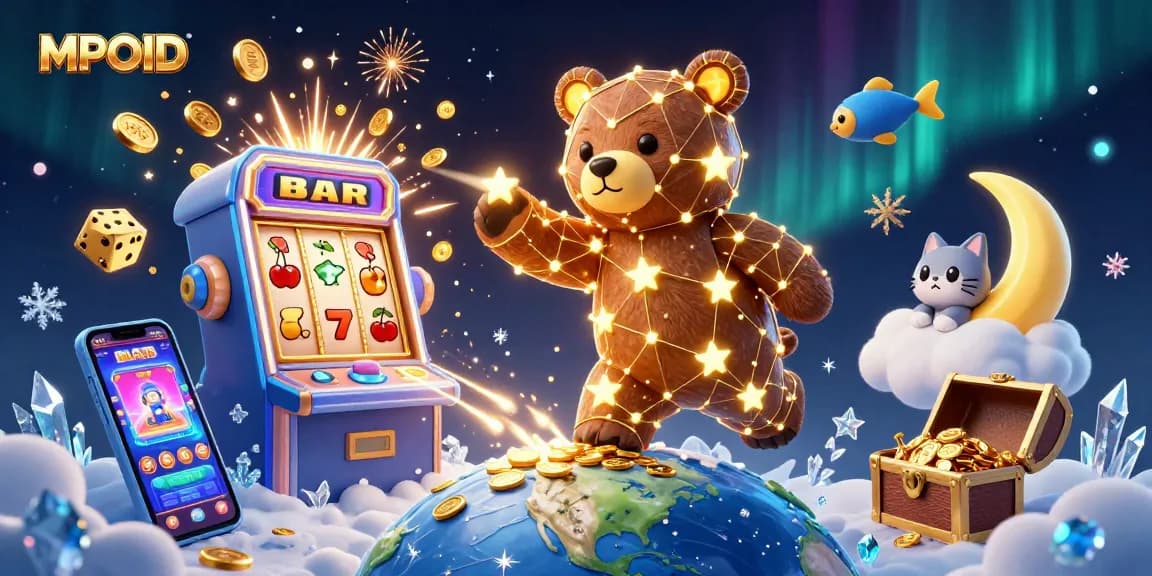 MPOID players enjoy thrilling wins in a vibrant 3D casino world filled with colorful slots, coins, and game symbols.