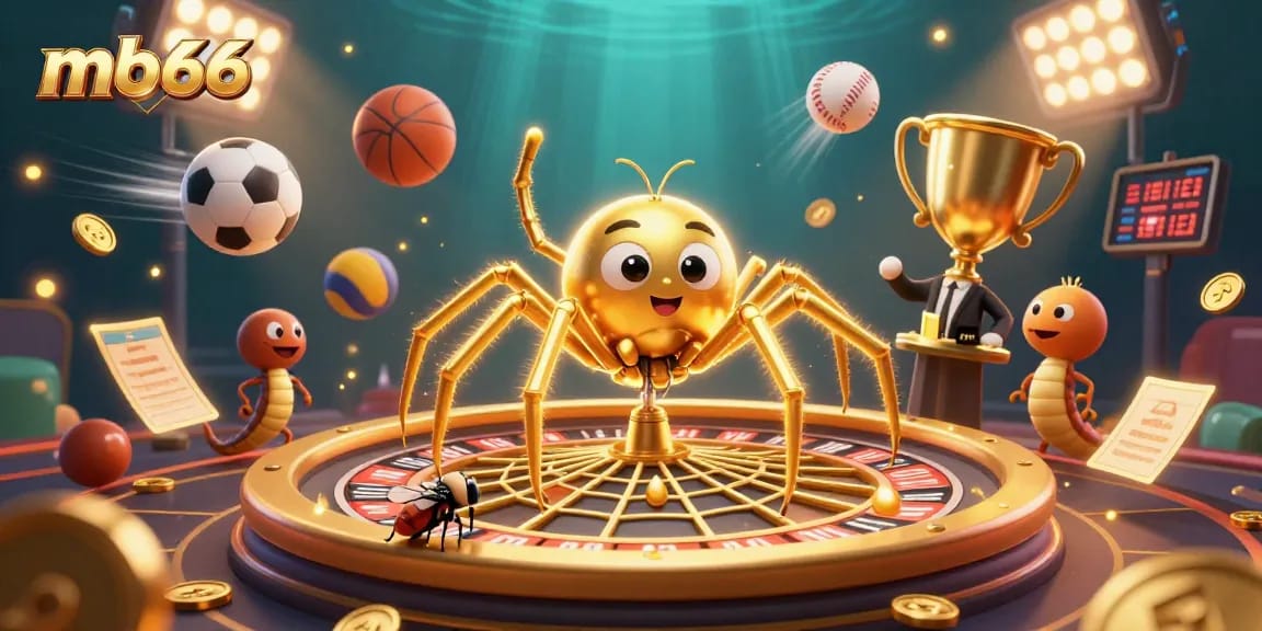Engage in mb66's dynamic casino experience, where a golden spider spins roulette-themed webbing in an energetic scene.