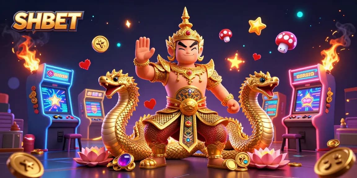 Engage with captivating SHBET games amid a vibrant 3D illustration of enchanting characters and dynamic casino elements.