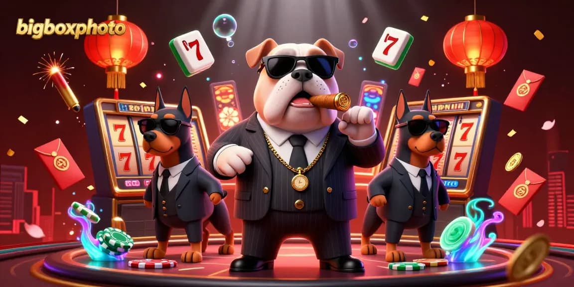 bigboxphoto showcases a 3D mafia boss in a bustling casino scene filled with slot machines and vibrant Asian elements