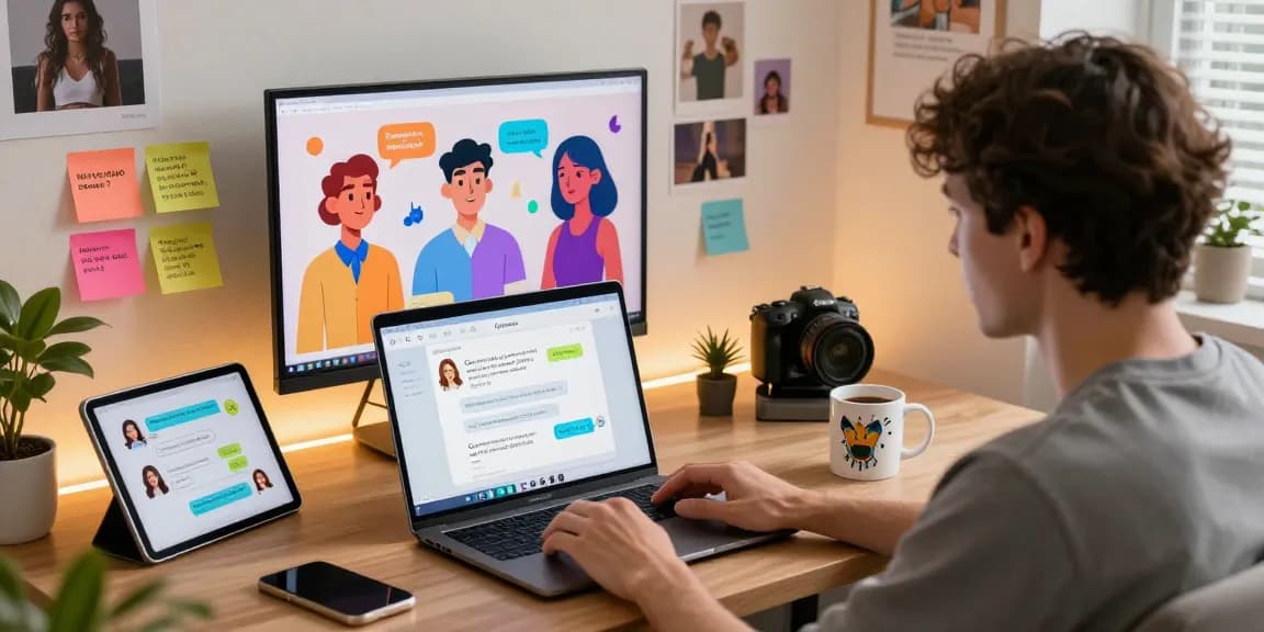Interactive user exploring ai nsfw chat on a modern laptop in a creative workspace.