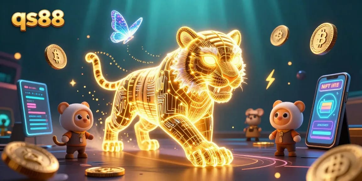 qs88 promotes winning strategies in an immersive 3D casino scene featuring a light-energy tiger and digital elements