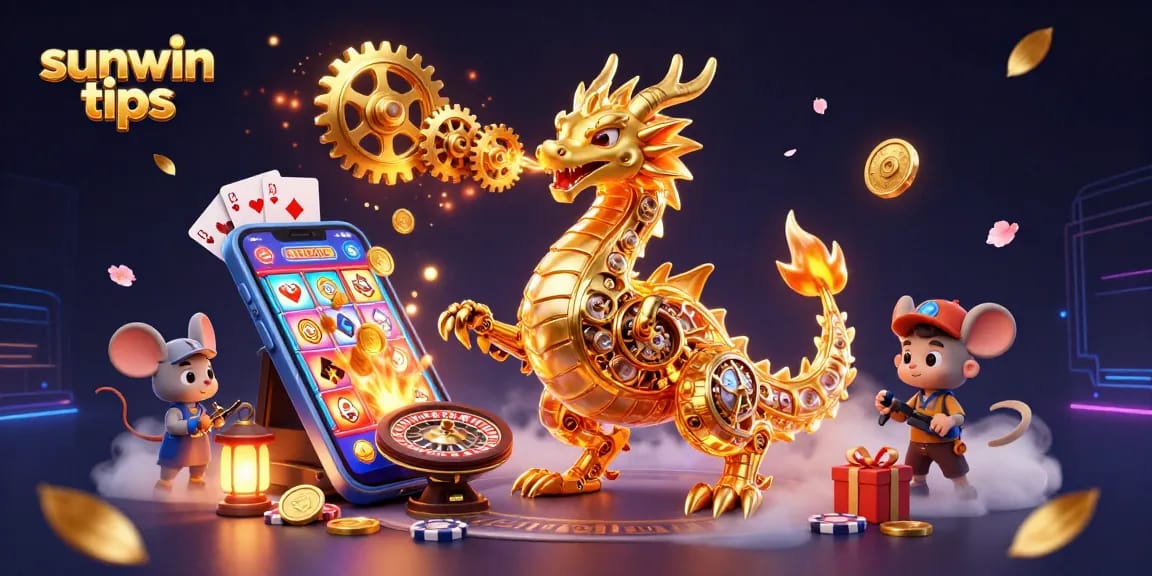 Spin vibrant slot reels with sunwin tips and golden dragon elements in a colorful casino scene.