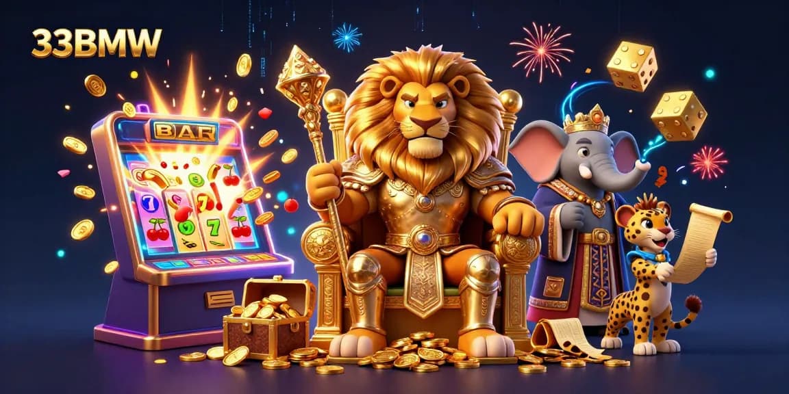 Experience excitement at 33BMW with thrilling slot machines and heroes in a dynamic casino scene.