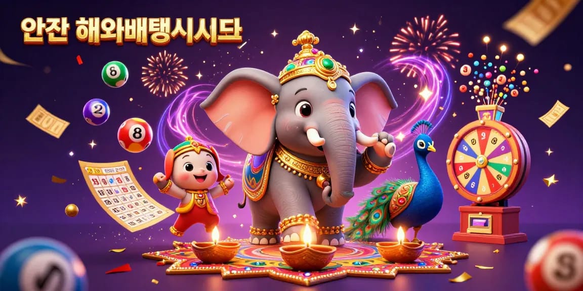 Engage with 안전 해외배팅사이트 featuring a vibrant 3D illustration of a festive elephant, peacock, and dynamic lottery elements.
