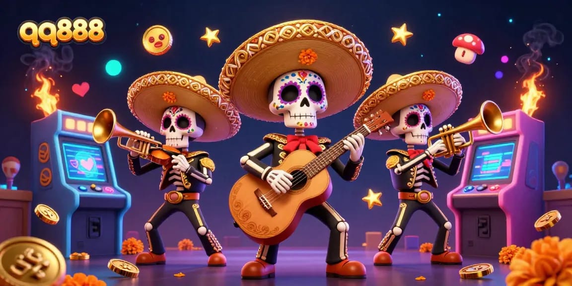 Engage in thrilling casino action with qq888 featuring vibrant Day of the Dead mariachi characters.