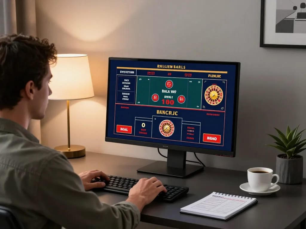 Engaged user strategizing gameplay on HWG500 online casino platform, with dynamic screen interactions and thoughtful analysis.