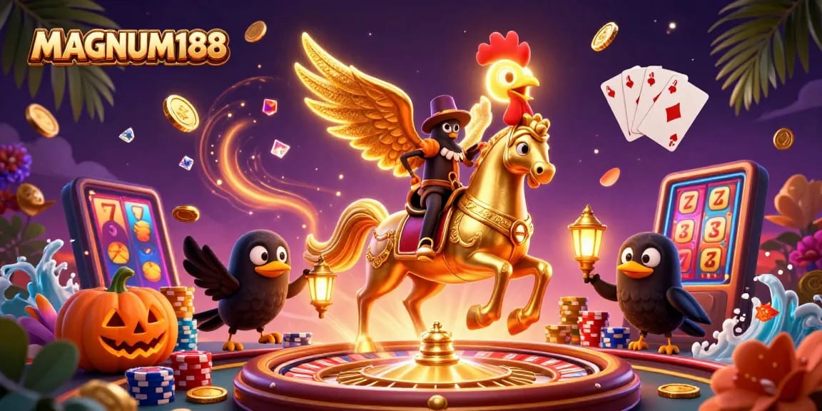 Experience the vibrant action of MAGNUM188 with a golden rooster and casino elements.