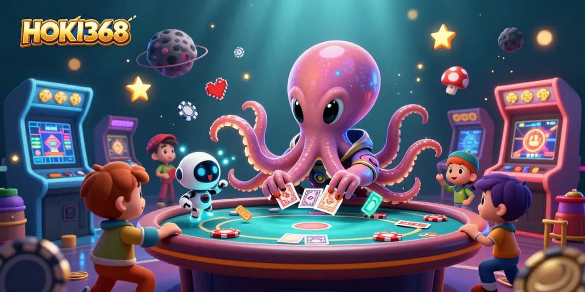 Experience HOKI368 with a vibrant 3D scene showcasing a playful octopus dealing poker cards amidst dynamic casino elements.