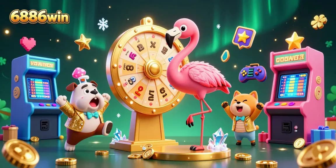 Exciting 6886win jackpot scene with gaming characters celebrating big wins and illustrating thrilling casino action.