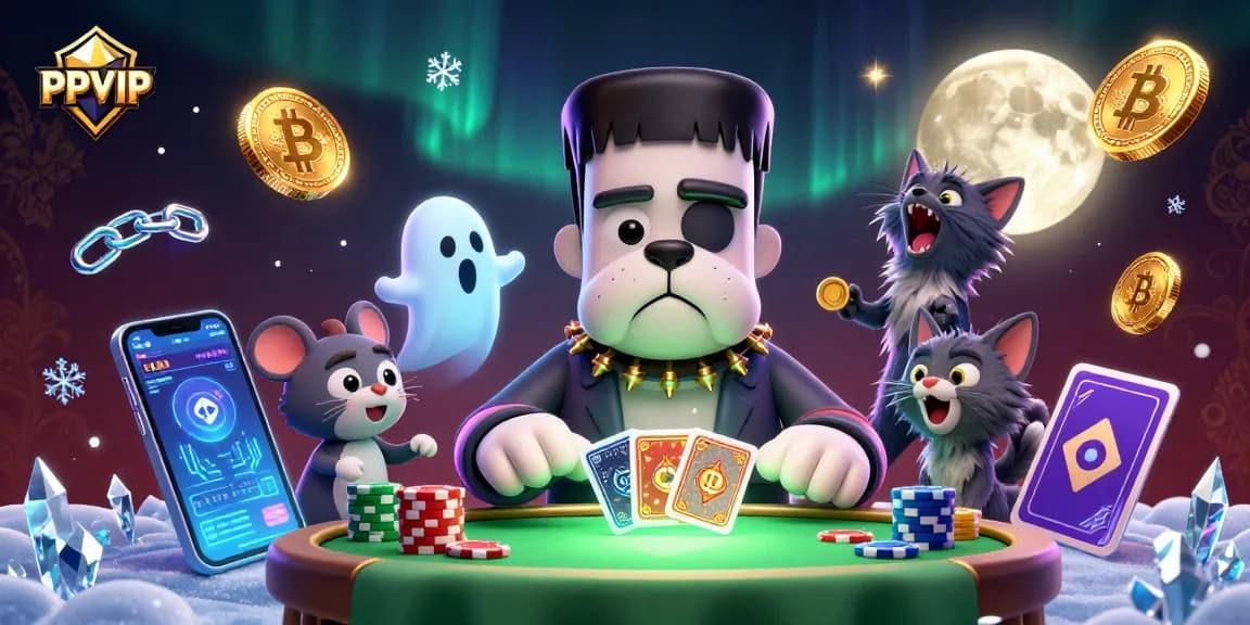Engage with PPVIP's thrilling casino atmosphere with Frankenstein bulldog dealing cards amidst crypto coins and dynamic gaming elements.