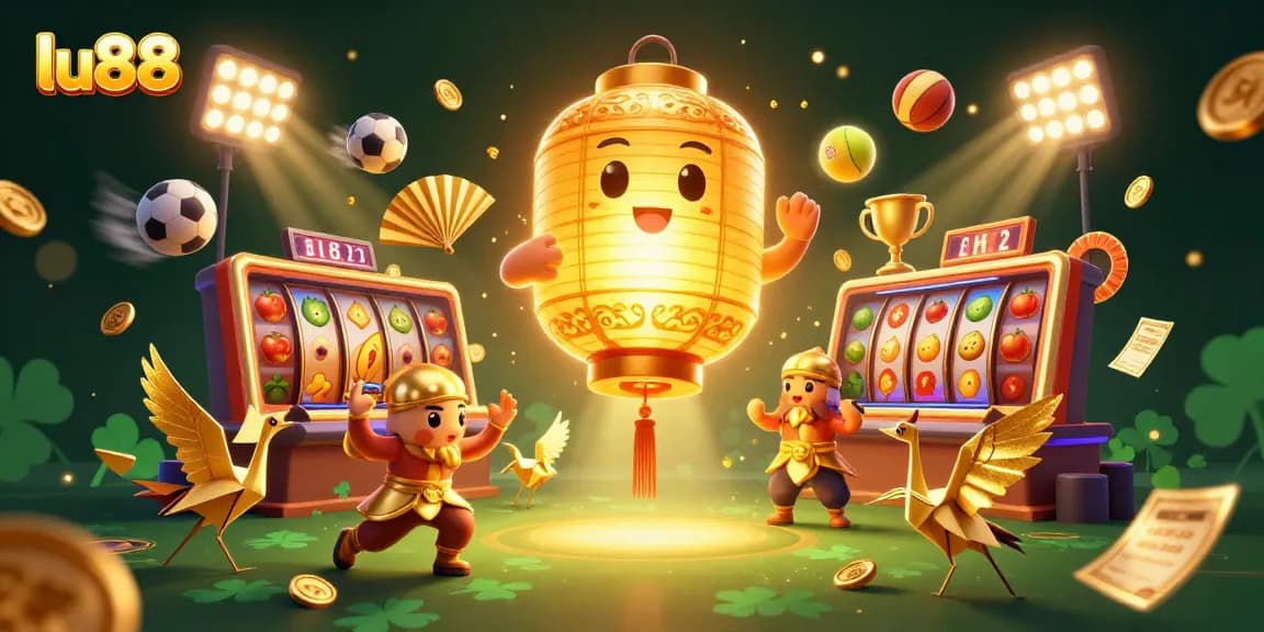 Engage in exciting slot action with lu88's captivating casino illustration featuring dynamic characters and elements.