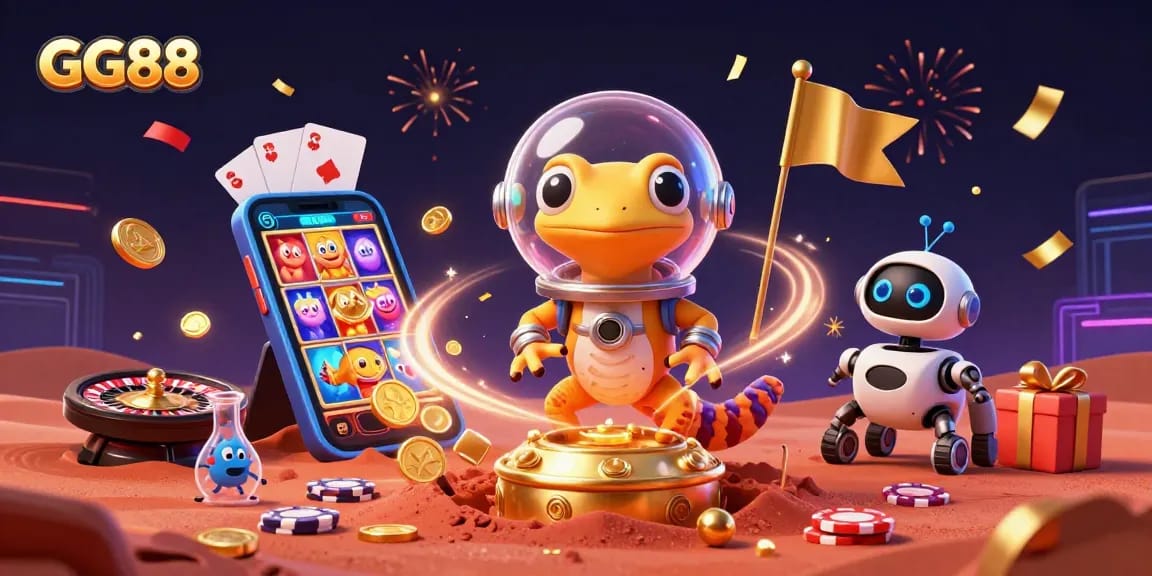 Experience GG88's vibrant gaming world with a Martian gecko exploring a golden casino.