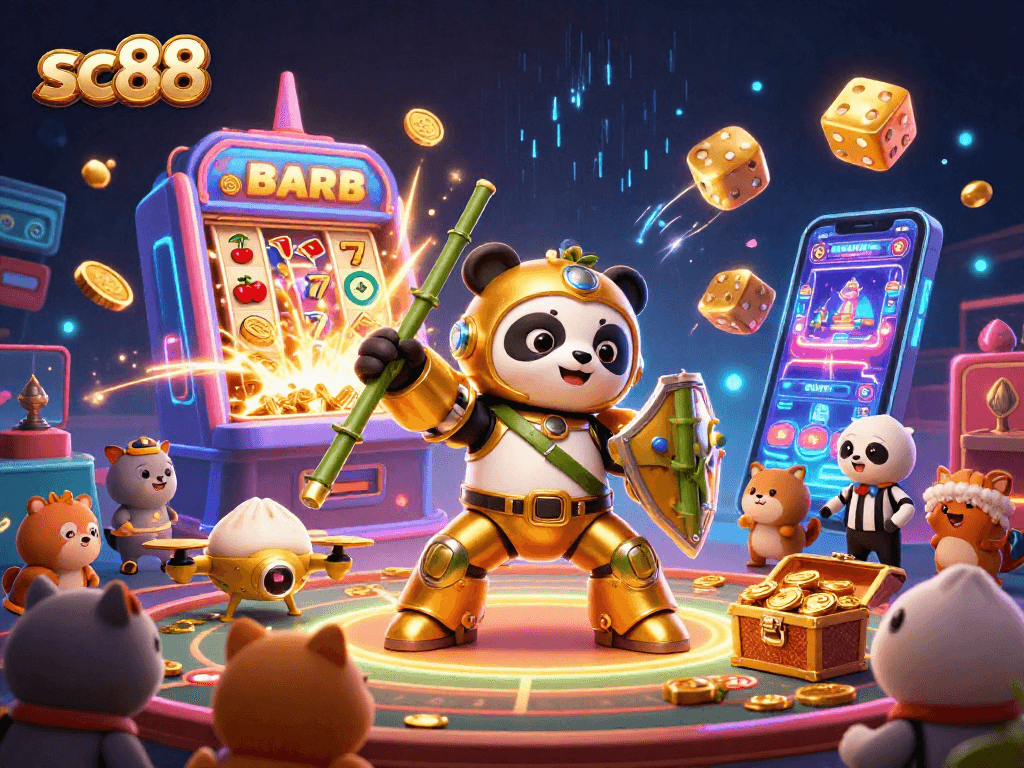 Engage with sc88 in a dynamic casino adventure featuring a golden panda fighting robot amidst a jackpot explosion.