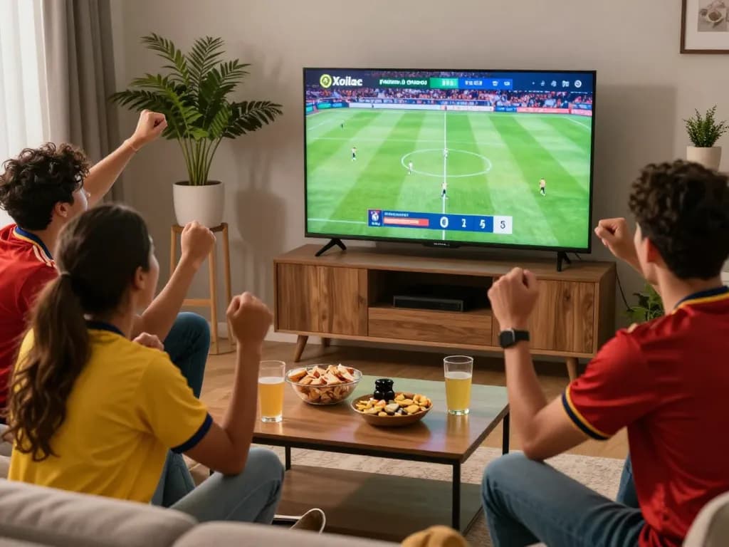 Xoilac live streaming football match scene with excited fans enjoying a game together in a cozy living room.