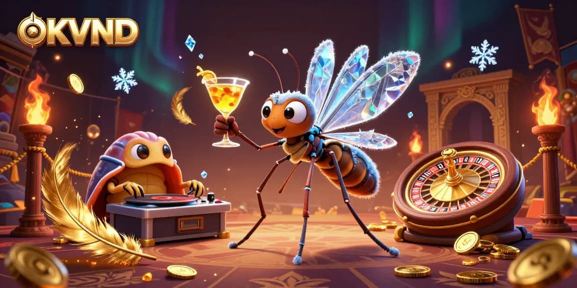 Engaging OKVND casino mascot serves golden cocktails amidst a vibrant gaming scene.