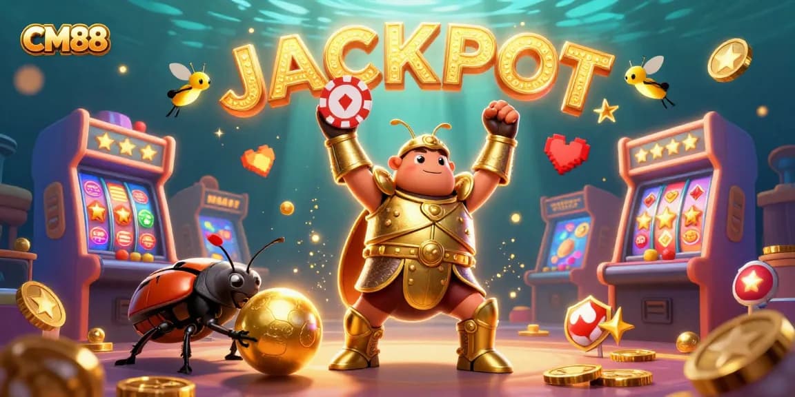Engage with CM88's vibrant gambling scene featuring a beetle champion lifting a poker chip in victory amidst arcade games and jackpots.