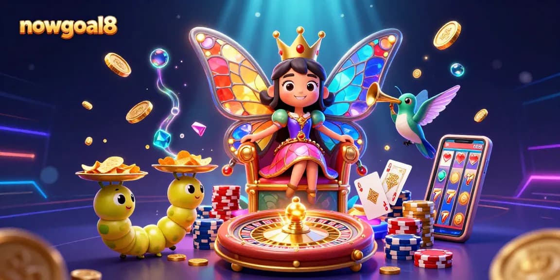 Bet on nowgoal8 with the vibrant butterfly queen in a lavish gambling scene, celebrating big wins.