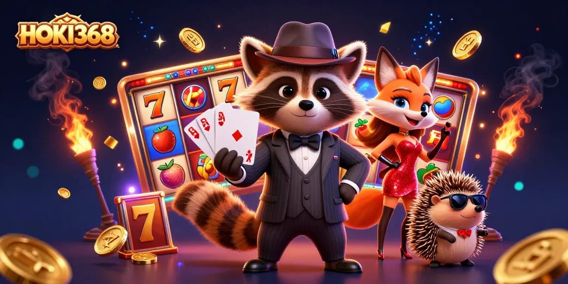 HOKI368 promotes exciting casino games with a suave raccoon, glamorous fox, and bouncer hedgehog in a vibrant scene.