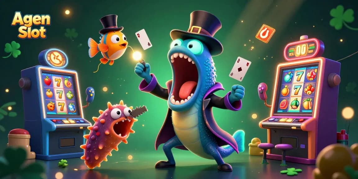 Agen Slot enticing players with a vibrant illustration of deep-sea creatures performing magic in a casino setting.