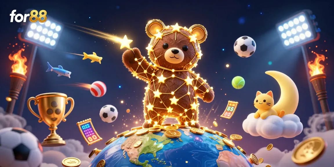 for88 constellation bear collecting coins in a vibrant 3D casino scene