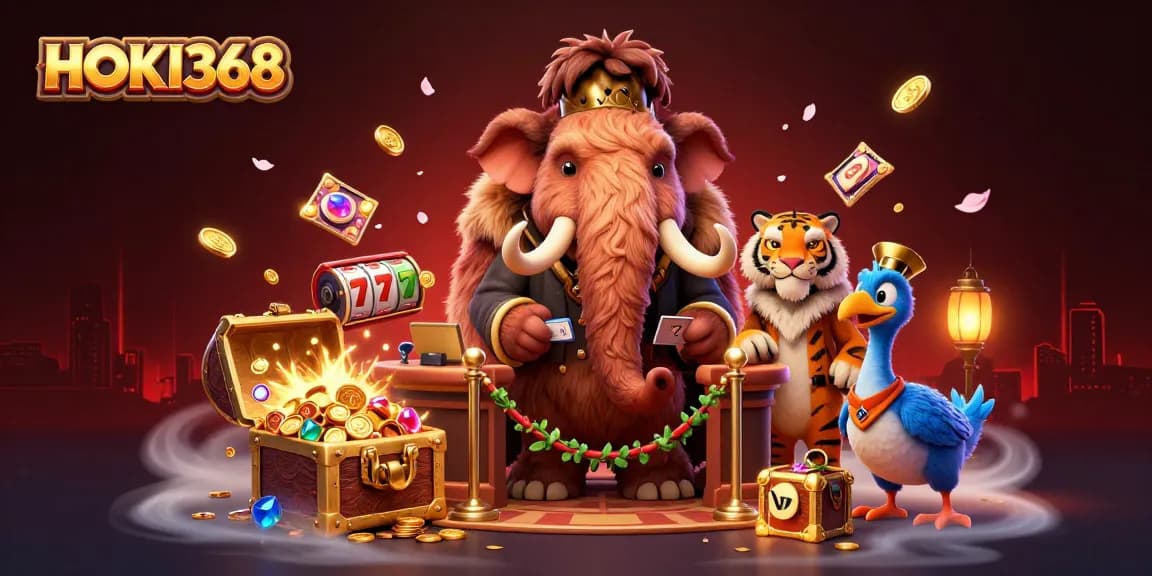 Experience HOKI368 action with a vivid illustration of a mammoth casino bouncer and game elements