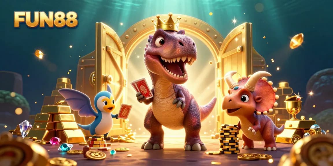 FUN88's exciting gambling scene with a T-Rex shuffling cards and a triceratops stacking chips.